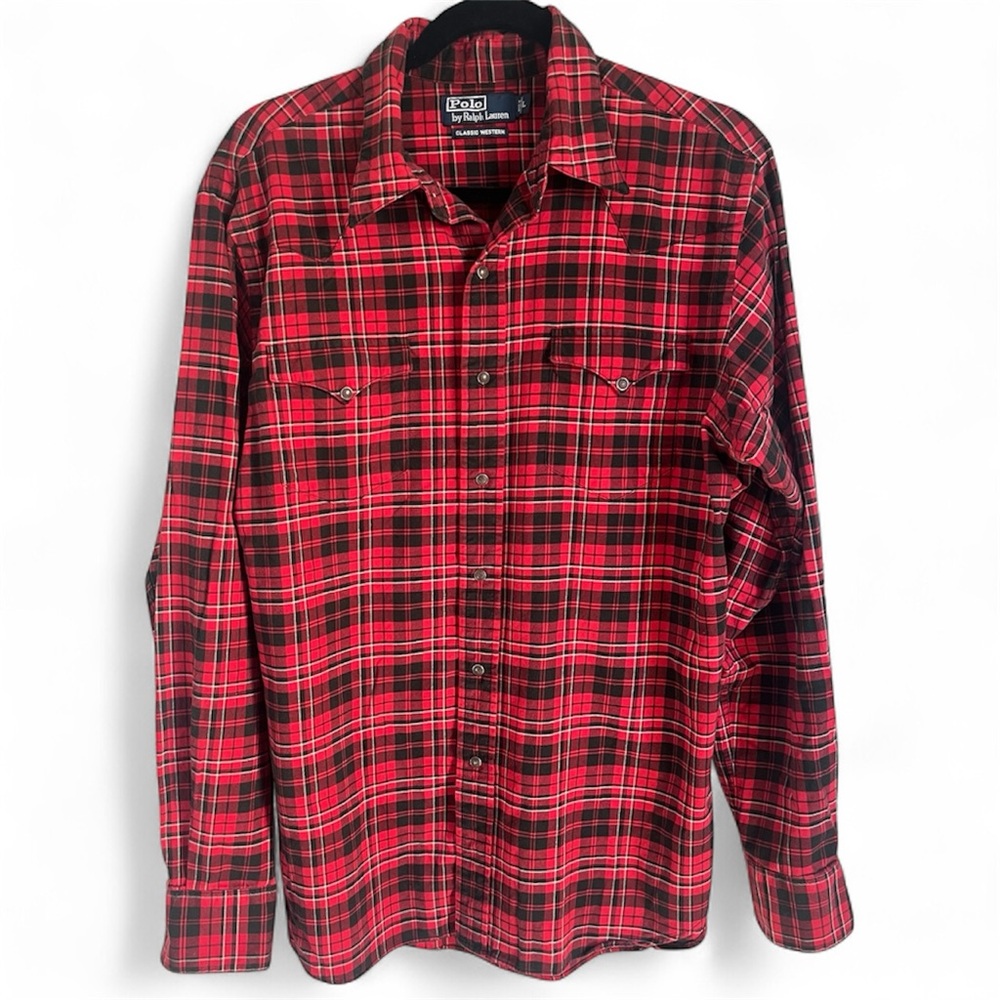 Polo Ralph Lauren Classic Western Pearl Snap Plaid Button Down Red Sz Large